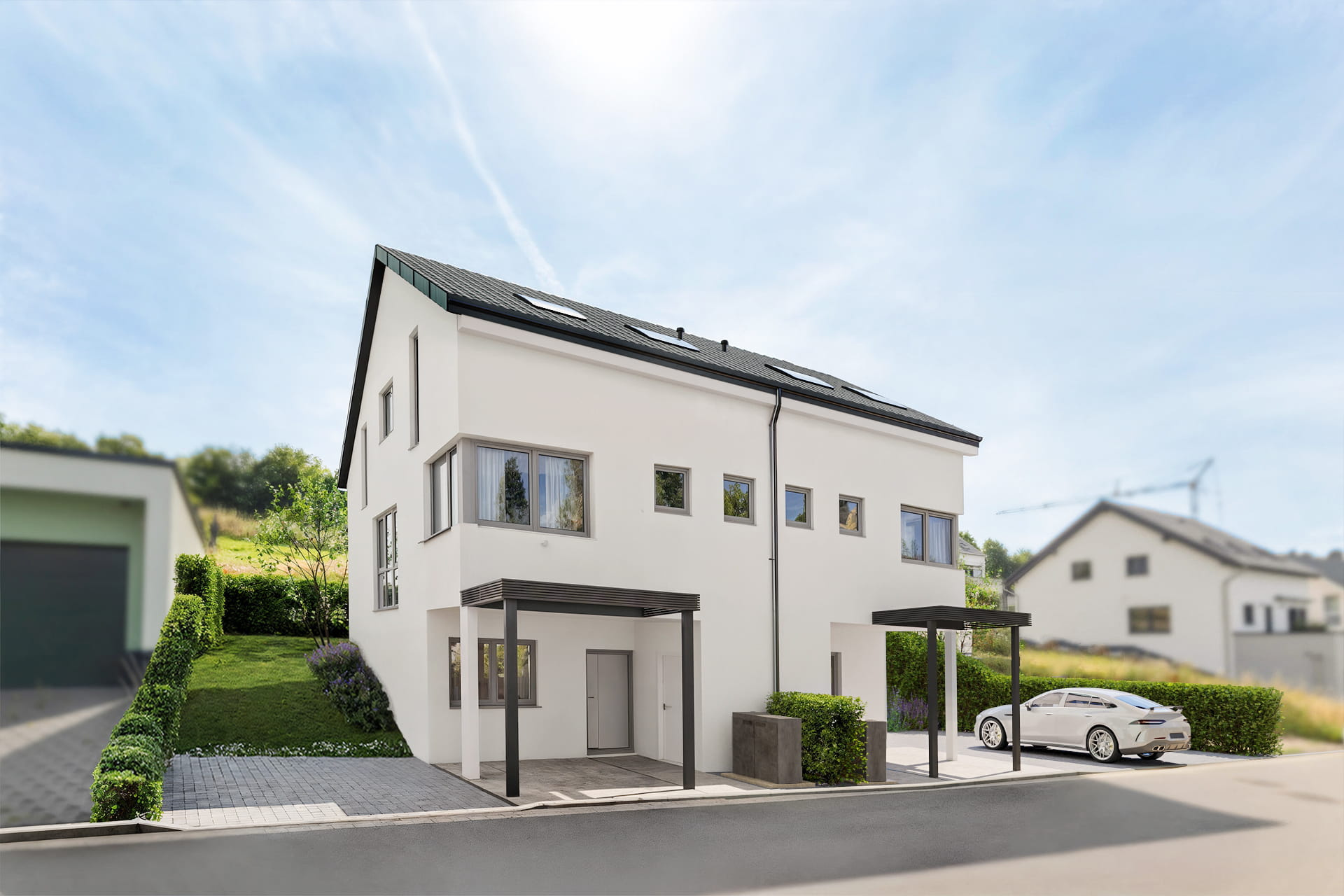 Nachher-Bild eines virtuellen Außen-Stagings: Die fotorealistische 3D-Visualisierung zeigt das Mehrfamilienhaus in einem ansprechend fertiggestellten Zustand.